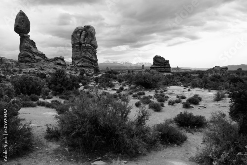 Balanced Rock in Arches National Park in black and white