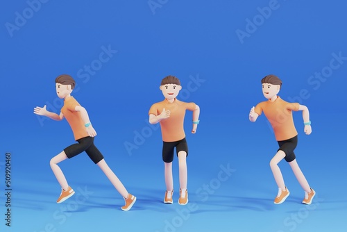 3D cartoon Male runner training isolated on Blue studio background. Muscular, sportive man - 3D illustration