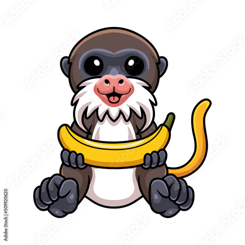 Cute little tamarin monkey cartoon holding banana