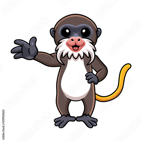 Cute little tamarin monkey cartoon waving hand