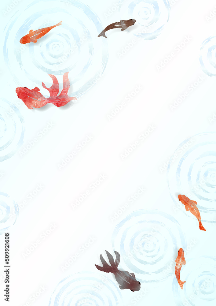 Fototapeta premium 金魚と波紋の夏らしい涼しげな水彩背景