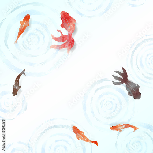 金魚と波紋の夏らしい涼しげな水彩背景
