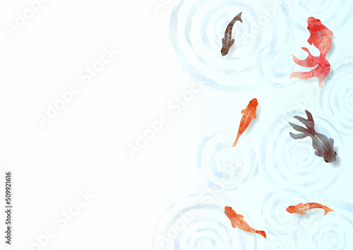 金魚と波紋の夏らしい涼しげな水彩背景