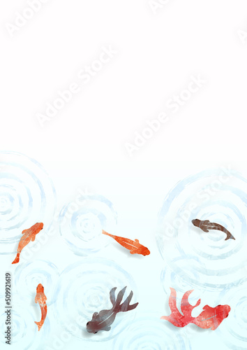 金魚と波紋の夏らしい涼しげな水彩背景