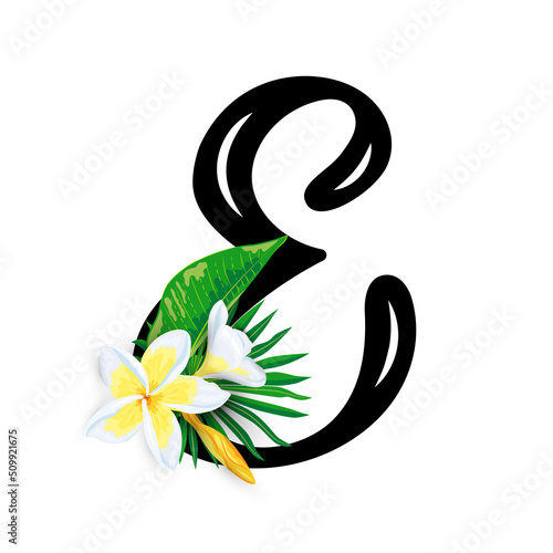 Hand drawn letter E with tropical leaves and plumeria flower isolated on white background. Vector illustration.