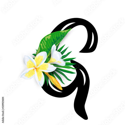 Hand drawn letter G with tropical leaves and plumeria flower isolated on white background. Vector illustration.
