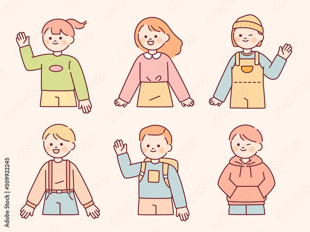 Cute children with round faces are wearing casual styles. They are waving their hands. outline simple vector illustration.