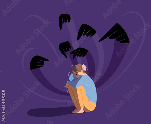 A man is sitting on the floor with his head wrapped around him. Shadow hands are pointing at him and accusing him. flat design style vector illustration.