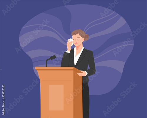 A presenter is wiping sweat under pressure on the podium. flat design style vector illustration.