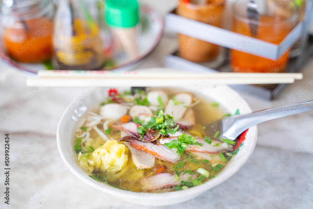 egg noodle soup serve with fish ball and pork egg noodle soup serve with fish ball and pork