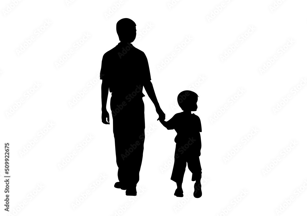 graphics drawing silhouette father and son walking holding hands vector illustration isolated white background