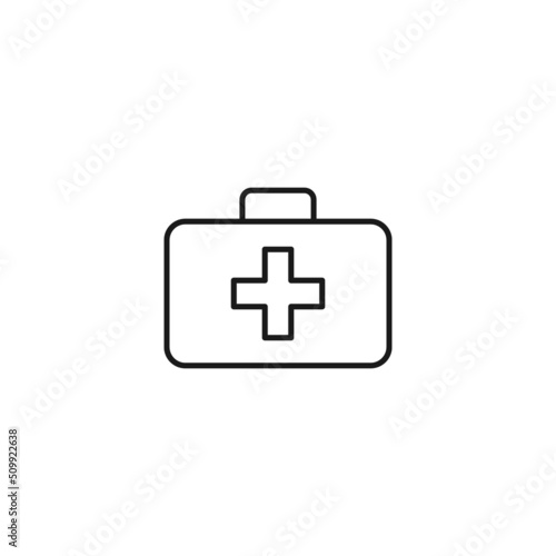 Medicine and healthcare concept. Simple monochrome illustration for web sites, stores, apps. Editable stroke. Vector line icon of medical suitcase with cross
