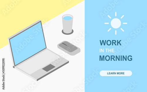 Illustrated flat vector of concept art about professional and freelance workday on morning with isometric laptop and elements for being information on office and business websites, marketing benefit