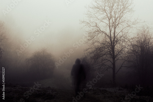A spooky concept of a blurred, ghostly figure. Walking on a path on a scary, foggy winters day in the countryside.