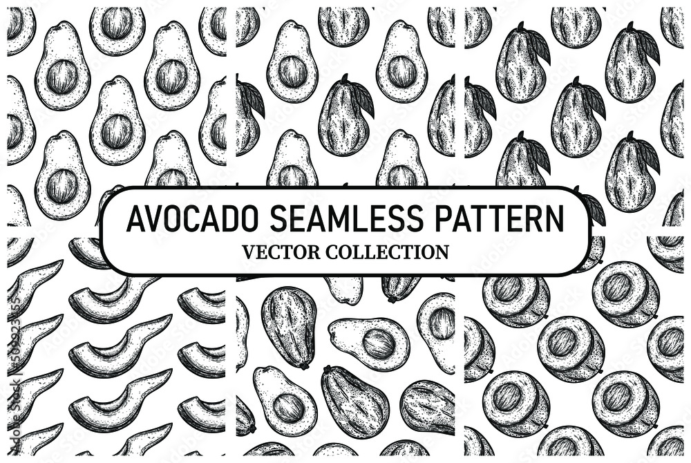 Avocado seamless vector patterns set. Whole fruit, cut in half, slice. Fresh vegetable with seed, ripe pulp, on a branch with a leaf. Hand drawn black and white food sketch. Backdrops collection Avocado seamless vector patterns set. Whole fruit, cut in half, slice. Fresh vegetable with seed, ripe pulp, on a branch with a leaf. Hand drawn black and white food sketch. Backdrops collection