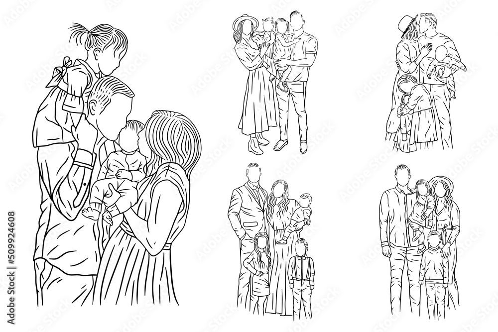 Fototapeta premium Set Bundle Line Art Drawing Simple Happy Family with Kids and Children Hand Drawn