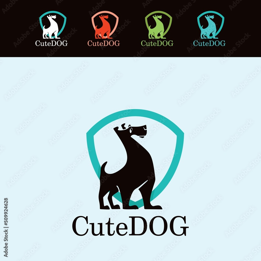 cute dog and shield logo, silhouette of funny and friendly guardian, vector illustrations