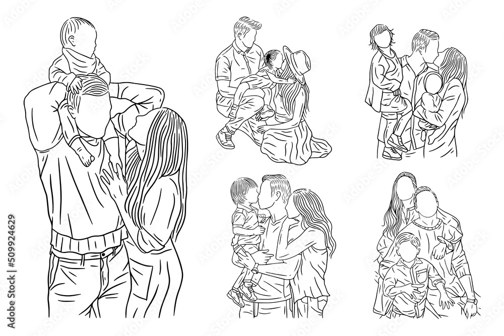 Set Bundle Line Art Drawing Simple Happy Family with Kids and Children Hand Drawn