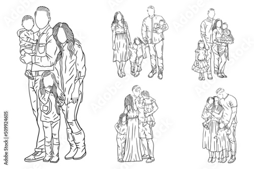 Set Bundle Line Art Drawing Simple Happy Family with Kids and Children Hand Drawn