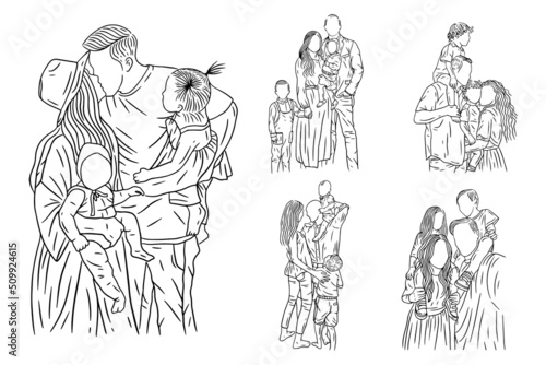 Set Bundle Line Art Drawing Simple Happy Family with Kids and Children Hand Drawn