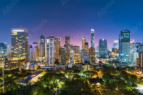 buildings cityscape near Witthayu road at night in Bangkok city, Thailand