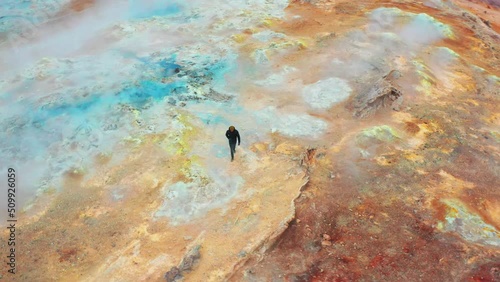 Man Walks On Mars Formations in The Hverir Geothermal Area Near Lake Myvatn.