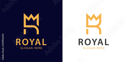 line letter R logo design, initial logo R with crown for royal brand icon, initial logo R king icon design vector logo