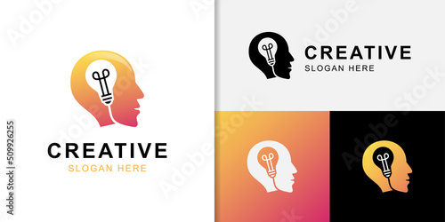 creative Idea concept logo design with head and bulb icon symbol for smart human, creative people, Brain Idea Icon Logo Design Element