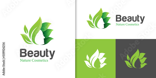 Natural green beauty face logo design with leaf icon symbol element design for woman hair salon, natural cosmetic, skincare