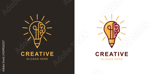 smart Creative idea pencil logo element with brain and light bulb icon symbol for inspiration, student study, education, creative design agency logo