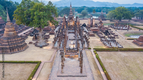 Obraz na plátně Aerial view Sukhothai Historical Park in Sukhothai province Northern of Thailand