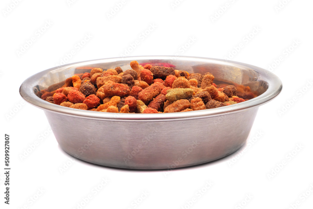 Fototapeta premium Pet dry food in metal bowl isolated on white background