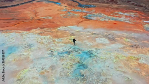 Aerial View of a Man In Front of Steaming Fumaroles in Hverir Geothermal Arean