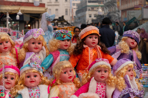 Beautiful cute baby girl dolls for sale at retail shop at Christmas market  New Market area  Kolkata  West Bengal  India.
