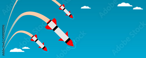 Missile rocket warhead launch frying air strikes in war with white clouds and blue sky background flat vector design.