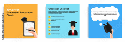 Social media tutorial, tips post banner layout template in 3D cartoon style. Graduation preparation concept