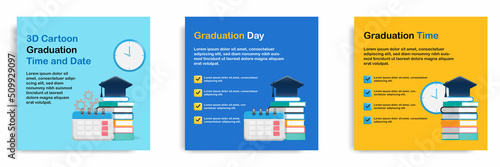 Social media tutorial, tips post banner layout template in 3D cartoon style. Graduation plan concept