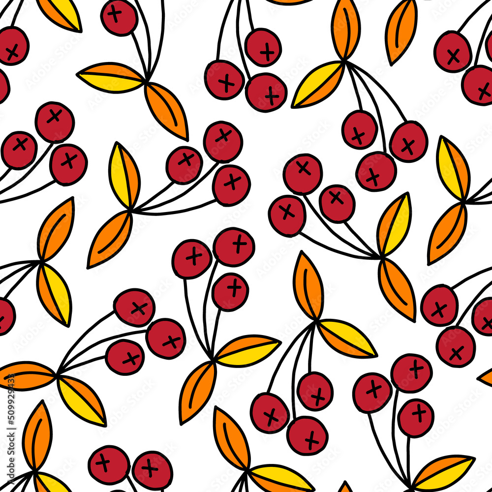 autumn seamless endless doodle-style pattern on a white background. autumn berries.