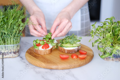 Woman preparing healthy sandwiches with microgreens and vegetables