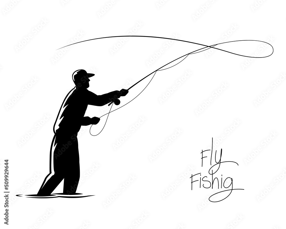 Silhouette fisherman throw hook, Drawing man doing fly fishing activity.  Stock Vector