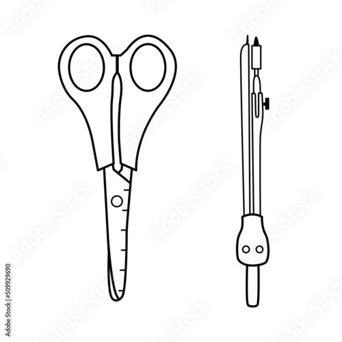 Vector scissors and circle compass. Set of school supplies. Minimalist office tools line art. Hand drawn stationary