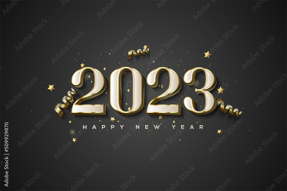 2023 happy new year with white numbers clad in luxury gold