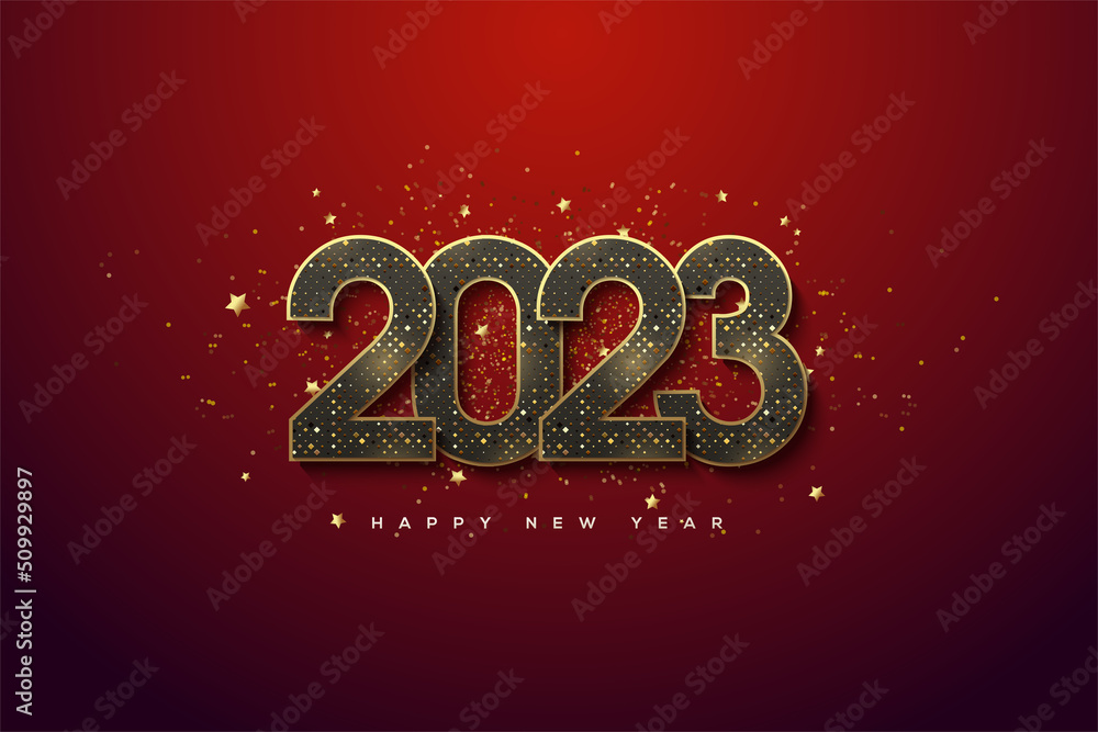 2023 happy new year with golden halftone numbers