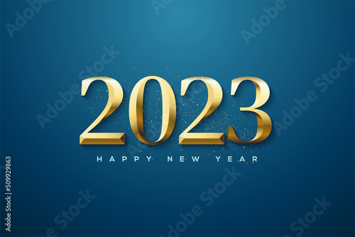 Happy new year 2023 with metallic gold numbers 