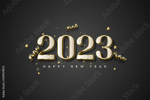 2023 happy new year with white numbers clad in luxury gold