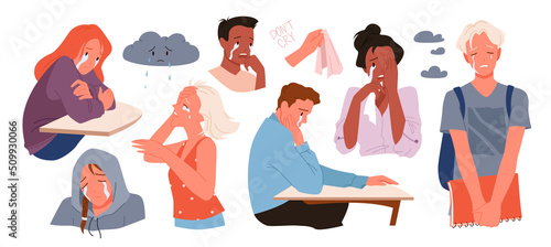 Set of different depressed crying people. Stressful and painful life moments, frustrated teenagers, loneliness and anxiety problems, emotional and mental tension vector illustration