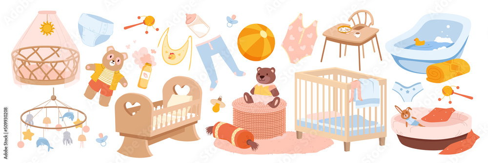 Infant baby care equipment, furniture and clothes set vector illustration. Cartoon cute bath with rubber duck, teddy bear and rabbit toys, bottle and pacifier, diaper and cradle isolated on white