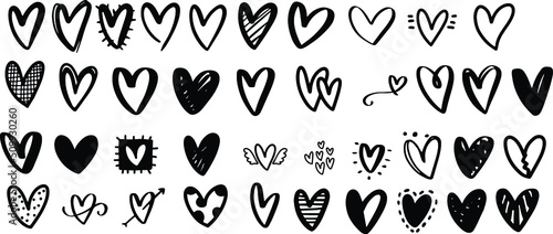 Heart doodles set. Hand drawn hearts collection. Romance and love illustrations.