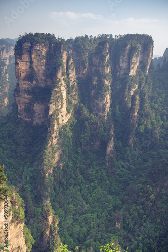 Sunset light on the limestone mountains of Wulingyuan National forest park in Zhangjiajie  Hunan  China. An Avatar movie inspiration  vertical image with copy space for text