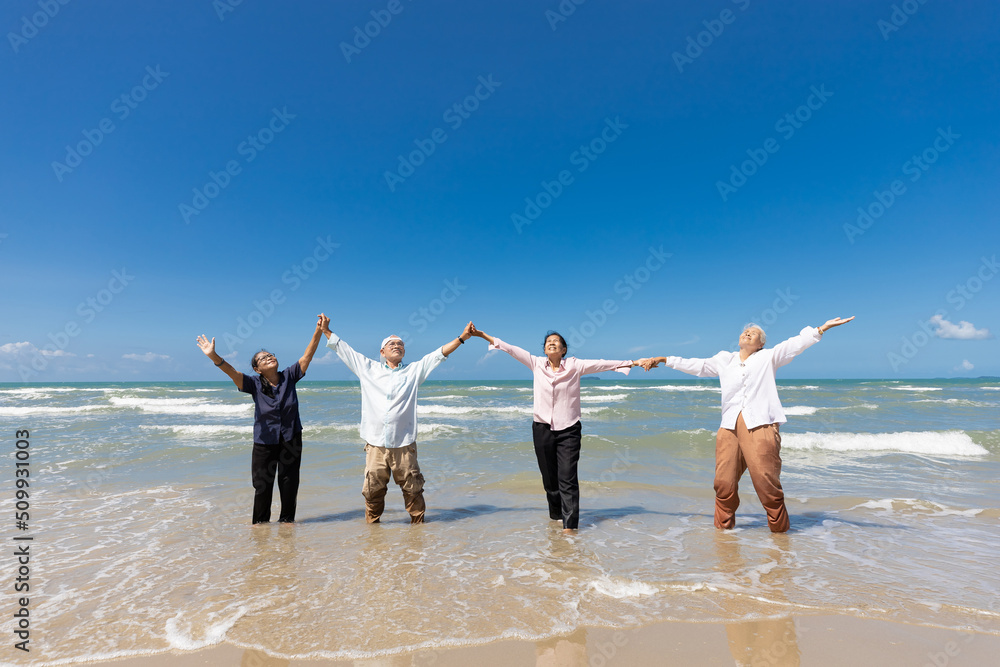 group of seniors man and women with arms raised and looking up to sky on the beach group of seniors man and women with arms raised and looking up to sky on the beach